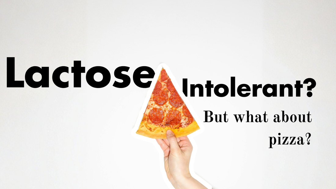 Illustration of pizza showing cheese layers, fat content, and lactose breakdown with lactase enzyme.