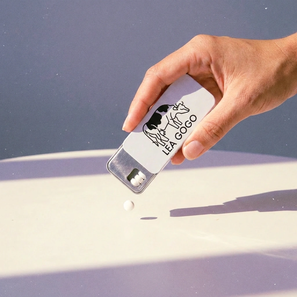 Taking a Lea Gogo lactase tablet before dairy